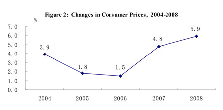 Graphics shows the figure of changes in consumer prices in China from 2004 to 2008 issued by National Bureau of Statistics of China on Feb. 26, 2009.(Xinhua/National Bureau of Statistics of China)