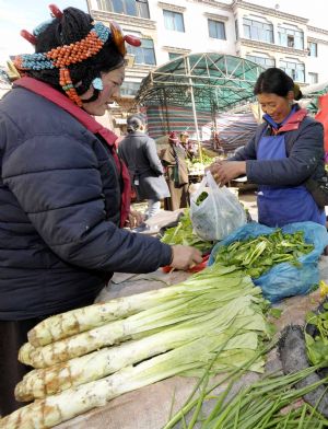 A woman buys vegetable at a market in Qamdo, southwest China's Tibet Autonomous Region, March 11, 2009. Qamdo is home to 620,000 people of 21 ethnic groups and boasts historical sites dating back to as far as 4,000 years. (Xinhua/Purbu Zhaxi)