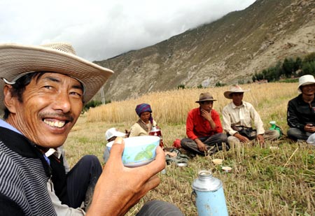 Norbu Cering (L) takes a tea break with other villagers in a newly harvested field at a village in Quxu County, southwest China's Tibet Autonomous Region, Aug. 12, 2008. It is now the harvest season of winter wheat and coleseed along the Yarlung Zangbo River and in the Lhasa River valley in the region.