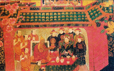 The fresco shows that the Emperor Dowager received the 13th Dalai Lama who came to Beijing in 1908, or the 34th year of the reign of Emperor Guangxu.
