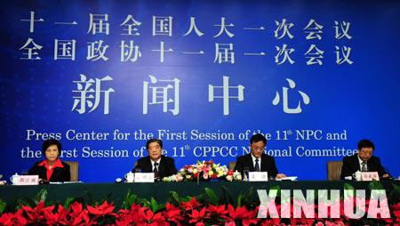 Senior officials with the State Food and Drug Administration meet the press on the sidelines of the ongoing parliament session in Beijing, March 16, 2008. 