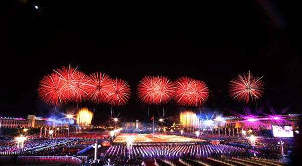 Fireworks are seen over the Tian'anmen Square in the celebrations for the 60th anniversary of the founding of the People's Republic of China, in Beijing, capital of China, Oct. 1, 2009. (Xinhua/Liu Yu)