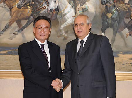 Wu Bangguo (L), chairman of the Standing Committee of China's National People's Congress, meets with Abdelaziz Ziari, Speaker of the Algerian National Assembly, in Algiers, Algeria, on Nov. 4, 2008.