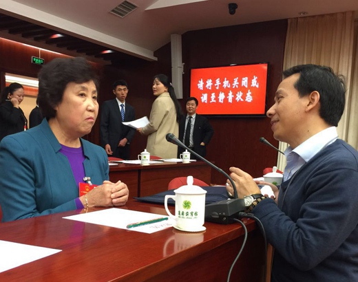 全国人大代表，全国人大常委会委员，山西省昔阳县大寨村党总支书记郭凤莲接受记者采访。（人民网记者王溪摄）